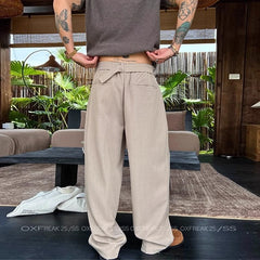 Threebooy  New Retro Fashion Men Suit Pants Light Luxury Draped Baggy Belt Button-down Solid Color Straight Trousers Elegant Dress Pants