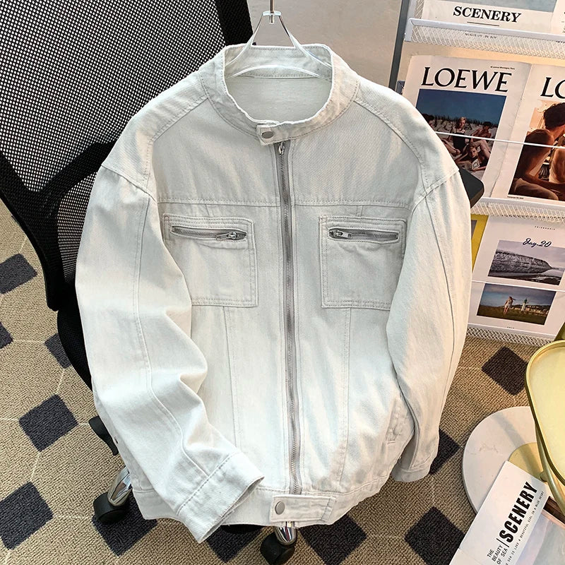 Threebooy  Washed Jeans Coat Worn Deconstructed Stand Collar Denim Jacket for Men's American Cleanfit Design Canvas Zipper Jacket