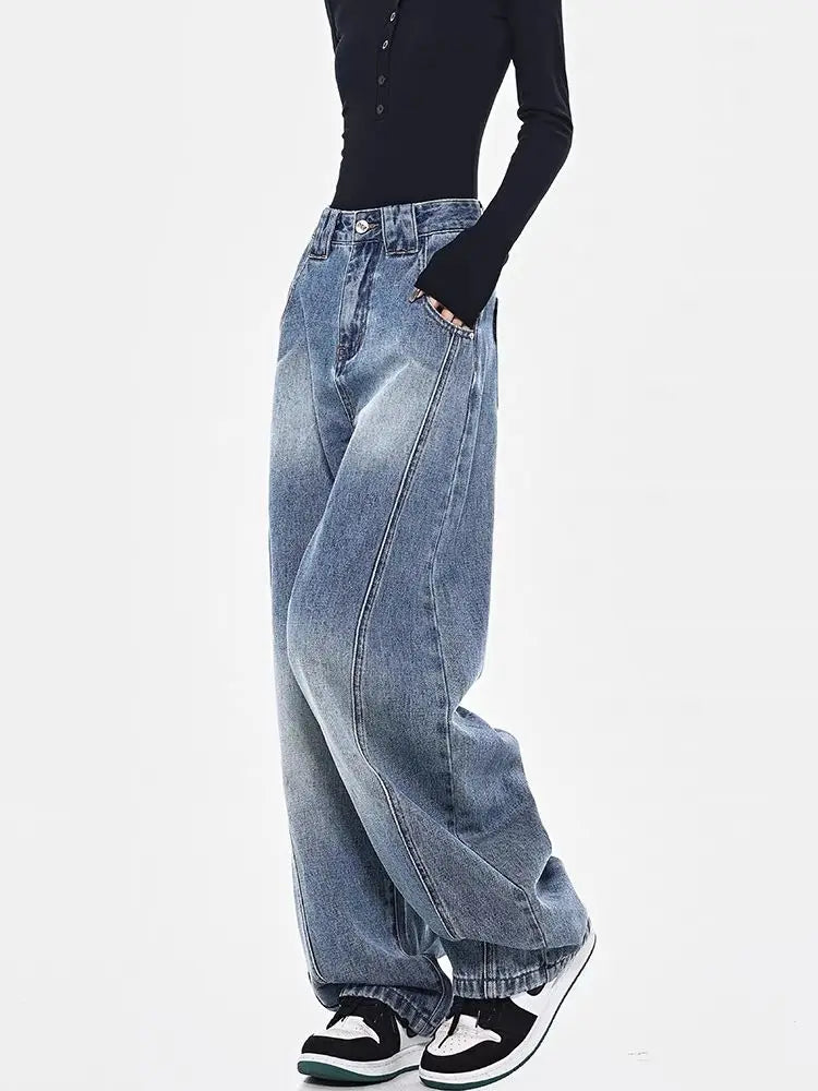 Threebooy 2025 Spring Men and Women Trendy Personalized Straight Tube Washed Curved Knife Jeans Couple Loose Hip Hop Casual Pants y2k