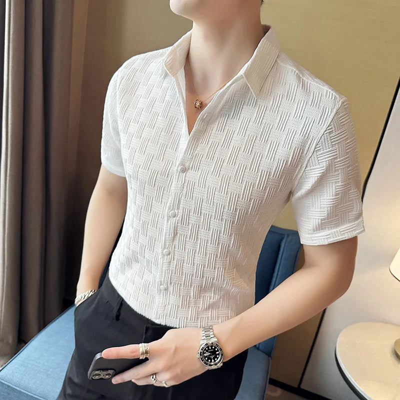 Threebooy Korean Style Men's Summer Casual Short-sleeved Shirts/Male Slim Fit Pure Color Plaid High Quality Shirts Plus Size S-4XL
