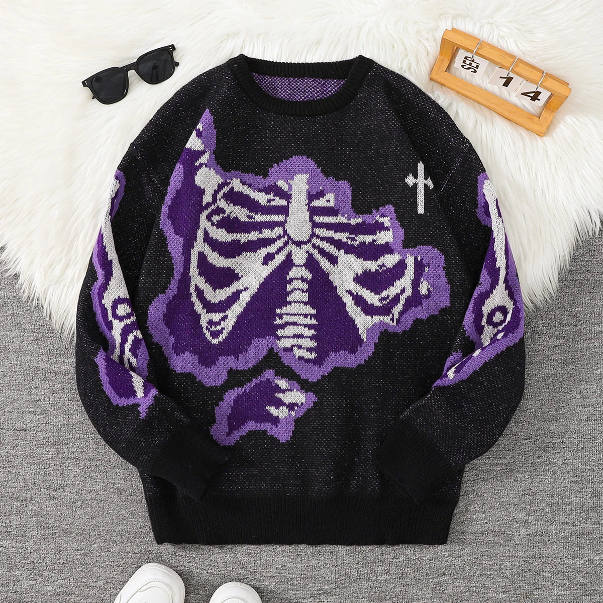 Threebooy  New Popular Spring and Autumn Bone-Shaped Butterfly Jacquard Pattern Pullover Sweater Casual Round Neck Contrast Color Knitted m