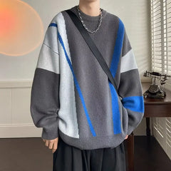 Threebooy Sweater Color Contrast Round Neck Sweater Loose and Handsome Casual Knitwear Hong Kong Style Youth Knitwear New Trend