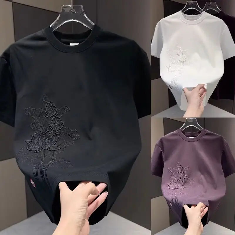 Threebooy  Summer New Embroidery Chinese Style Short Sleeve Men's Loose Slim Fit Casual Short Sleeve T-shirt Round Neck Top
