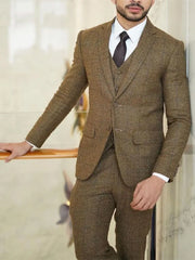 Threebooy  Brown Men's Suit 3 Pieces Blazer Vest Pants Single Breasted Peaked Lapel Stripes Plaid Business Slim Wedding Groom Costume Homme