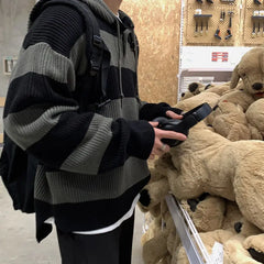 Autumn and Winter Retro Korean Style Men and Women Trendy Knitted Hoodie Couple Loose Hip Hop Striped Casual Top harajuku y2k