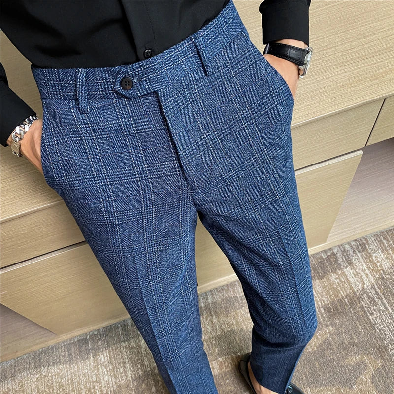 Threebooy  Chic Coffee Blue Grey Pants Men Elegant Slim Fit Plaid Suit Trousers Pants For Men Office Party Trousers Mens Dress Pants