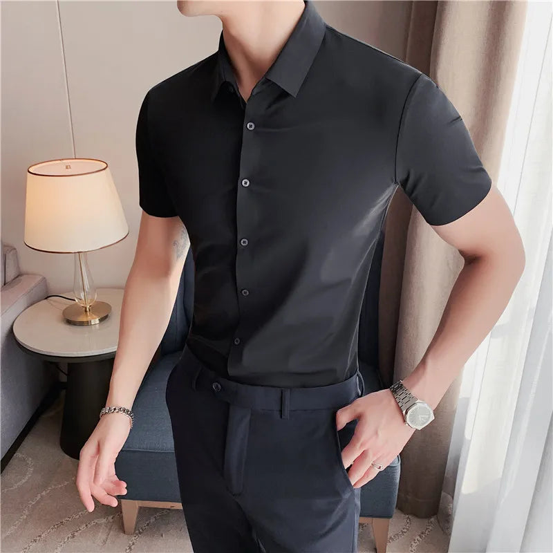 Threebooy High Quality Summer Elastic Ice Silk Short Sleeve Shirts Men Clothing Simple Luxury Slim Fit Business Casual Formal Wear Blouses