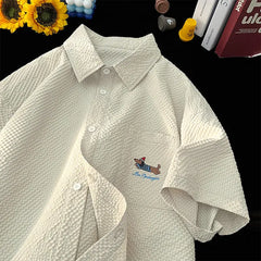 Threebooy Bubble Yarn Embroidered Shirt Short-sleeved Summer Thin Breathable Quick-drying Beach Shirt Couple Half-sleeved Jacket