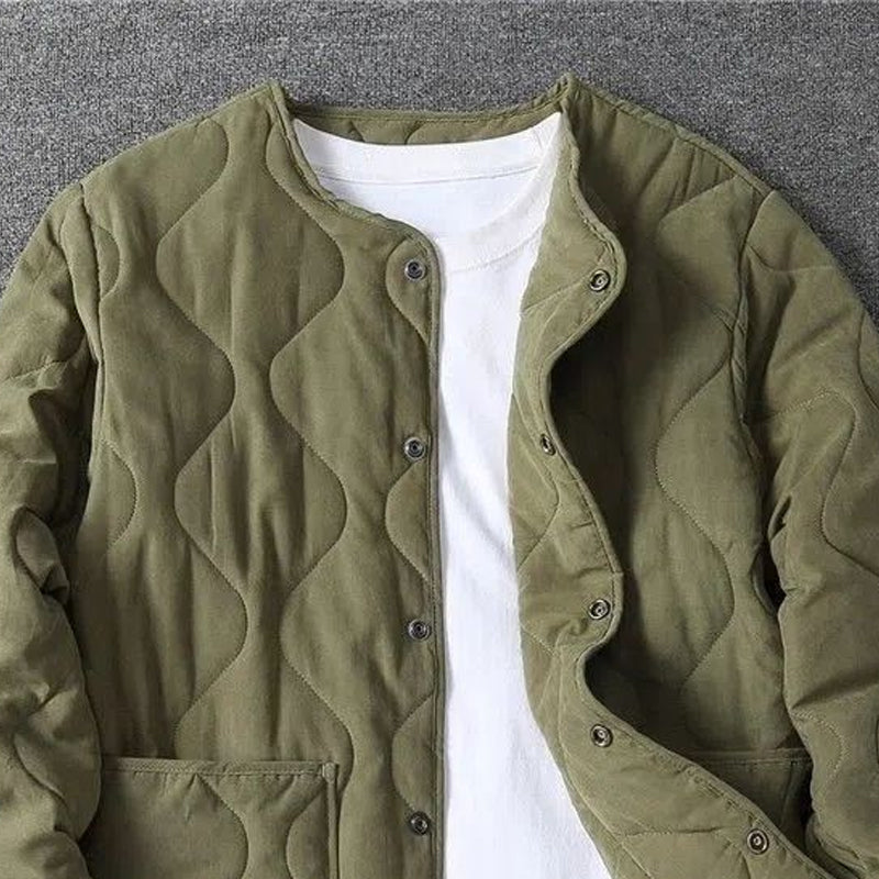 Threebooy Autumn Winter O-neck Quilted Jacket Men's Versatile Green Retro Thickened Coat Men Techwear Button Up Oversize Jacket