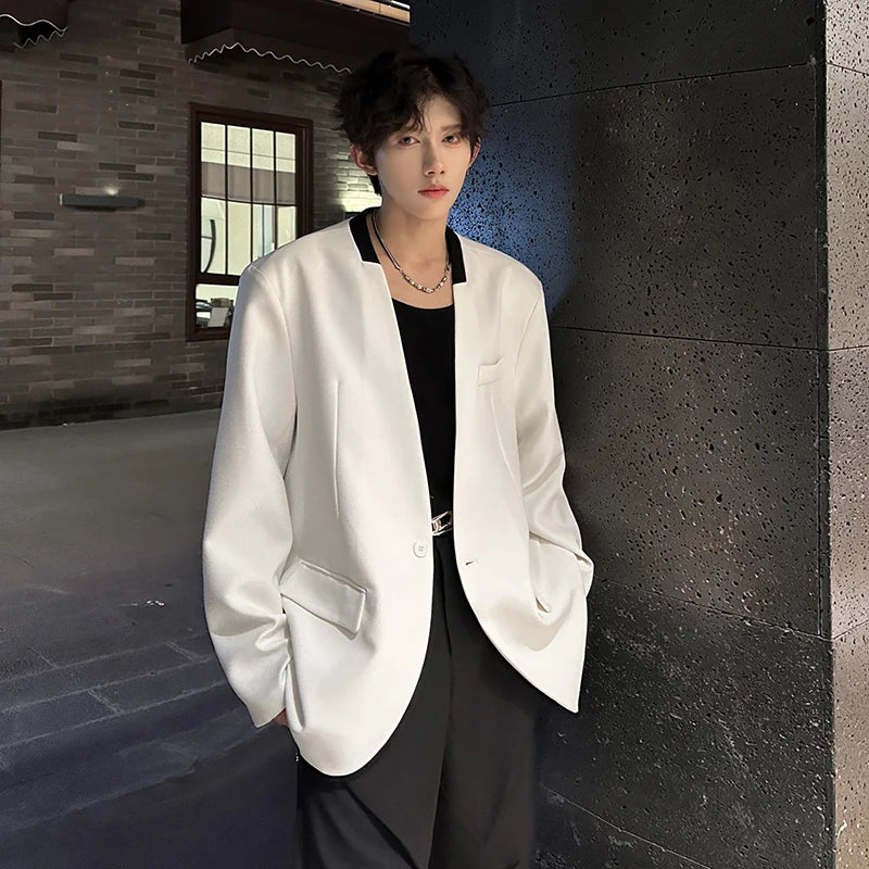 Threebooy Black/White Men Blazer Collarless Contrast Color Streetwear One Button Long Sleeve Fashion Men Casual Suit Jacket 3XL-M