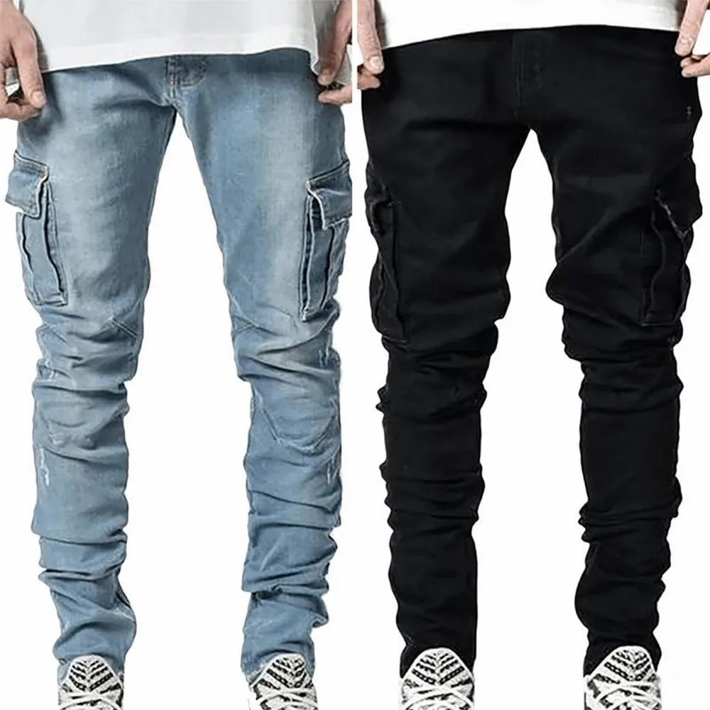 Threebooy Street Elastic Jeans Men Denim Cargo Pants Wash Solid Color Multi Pockets Casual Mid Waist Trousers Slim Fit Daily Wear Joggers
