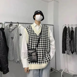 Threebooy Knitted Sweaters for Men Sleeveless Vest Man Clothes White Plaid V Neck Waistcoat Over Fit Knit Aesthetic Meme Y2k Streetwear A