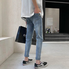 Threebooy Simple Blue Washed Jeans Men's Casual All-match Fashion Slim Pencil Pants Wear-resistant Spring Summer Stretch Denim Pants Thin