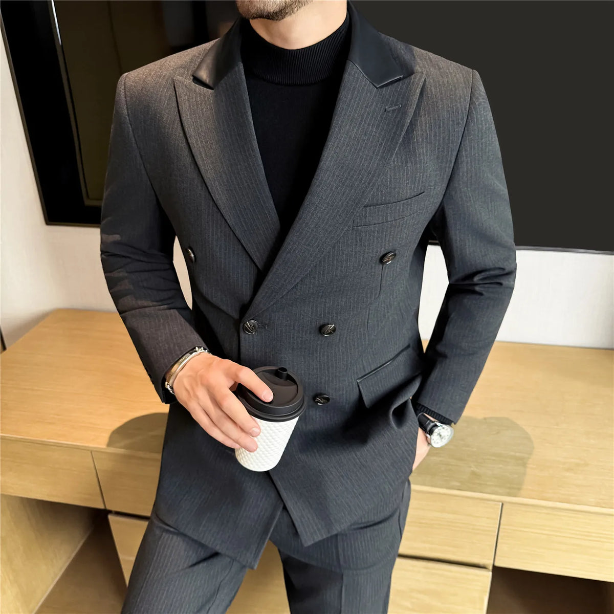 Threebooy  High-quality men's two-piece set, spring and autumn thick double-breasted striped patchwork suit business casual suit set