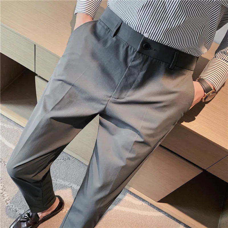 Threebooy New Slim Men's Pants Stretch Trousers Men Sunmmer High Quality Classic Solid Color Business Casual Wear Formal Suit Pants