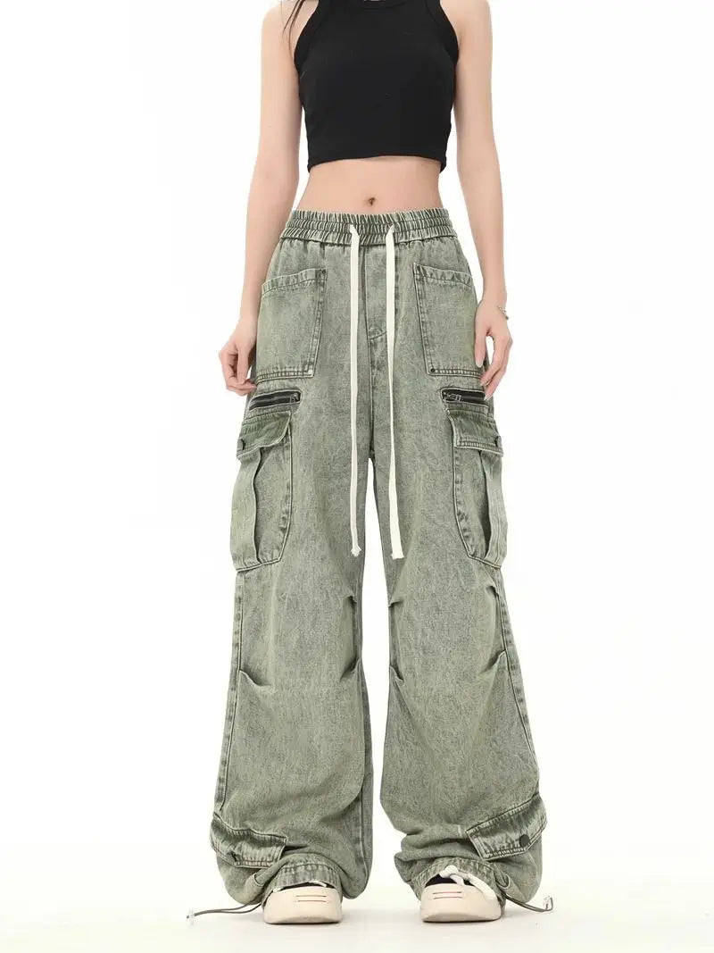Threebooy Hip hop retro high street men and women trendy personalized washed workwear jeans for couples loose straight leg casual pants