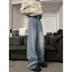 Threebooy  Jeans Men Loose Wide Leg Trousers Unisex low-rise jean Men's Denim Pants Old Blue Washed Male Jeans Straight Patchwork mop pants