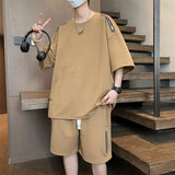 Threebooy Oversized Tracksuit Men New Korean High Street Fashion Zipper Design T-shirt Shorts Two Pieces Sets Mens Streetwear Men Clothes