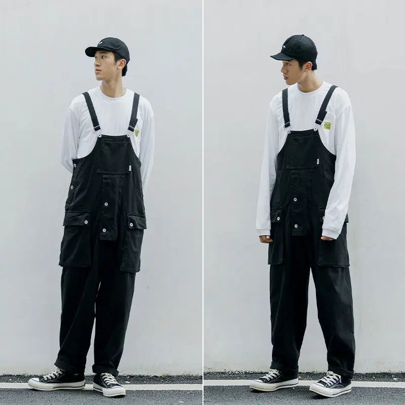 Threebooy Japanese Retro Loose Work Clothes Overalls Korean Jumpsuit High-end Men's Hip-hop Wide-leg Vintage Suspender Pants