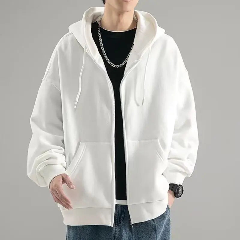 Threebooy Solid Zipper Cardigan Sweatshirt for Men in Spring Autumn Loose Versatile Hooded Student Hong Kong Style Men's Clothing Jacket