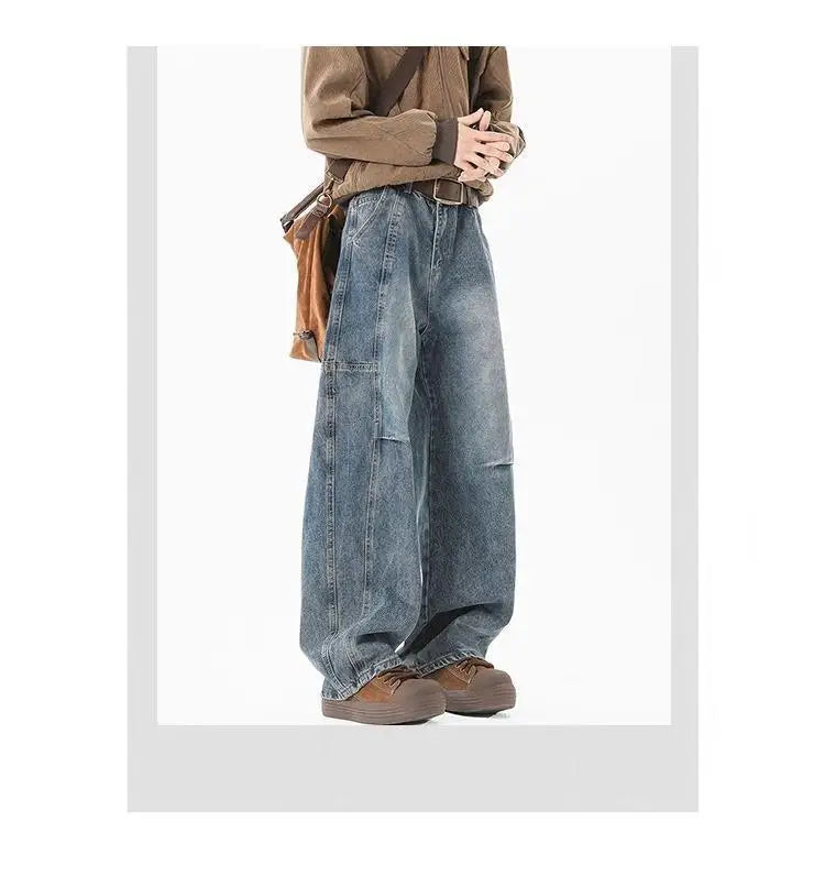 Threebooy Hip hop personality trend men and women straight leg washed jeans American couple loose retro curved knife casual pants y2k