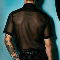 Threebooy  Mens Mesh Sheer Lightweight Sexy Short Sleeve Shirt Streetwear Fashion Nightclub Stage Performance Gayboys Avant Garde Top
