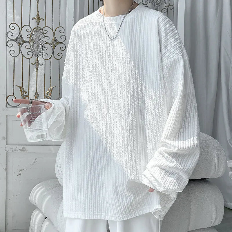 Threebooy  Spring Long Sleeved T-shirt Men White Casual T Shirt Men Streetwear Korean Loose Pleated T Shirt Mens Top Large Size M-5XL