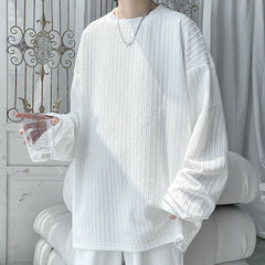 Threebooy  Spring Long Sleeved T-shirt Men White Casual T Shirt Men Streetwear Korean Loose Pleated T Shirt Mens Top Large Size M-5XL