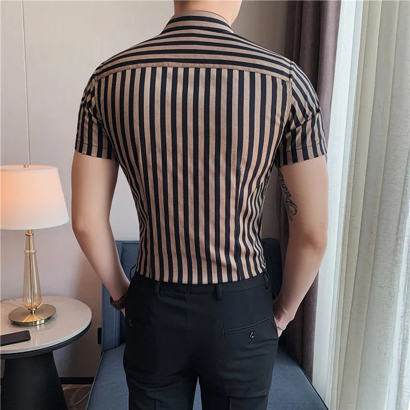 Threebooy Men's Summer Casual Short-Sleeved Shirts/Male Slim Fit Stripe Fashion Lapel Business Dress Shirts Tops Plus Size S-4XL