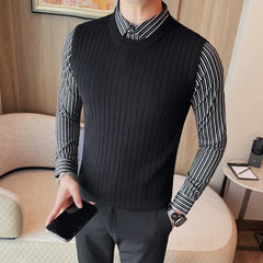 Threebooy New Style Men Spring High Quality Fake 2 Pieces Knitted Sweaters/Male Slim Fit Fashion Shirt Collar Pullover Man Casual Sweater