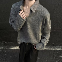 Threebooy  New American Retro Men Polo Shirt Luxury Knitted Solid Color V Neck Long Sleeve T-shirt Casual Premium Quality Textured Knitwear