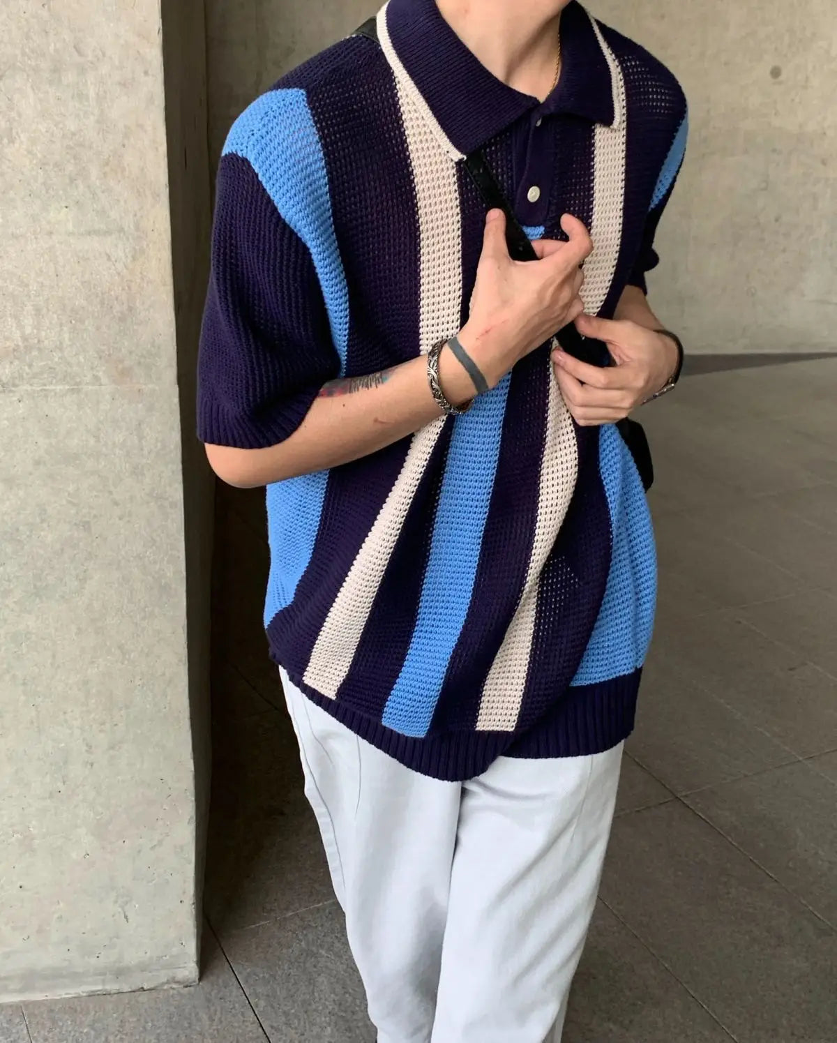 Threebooy Summer Hip Hop Men and Women Trendy Personalized Hollow Stripe Color blocked Knitted Polo Shirt Korean Casual Short Sleeve y2k