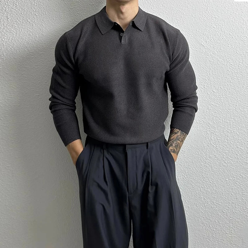 Threebooy  New Korean Fashion Men Polo Sweater Light Luxury Knitted Solid Color Long Sleeve Pullover Premium Quality Skin-friendly Knitwear