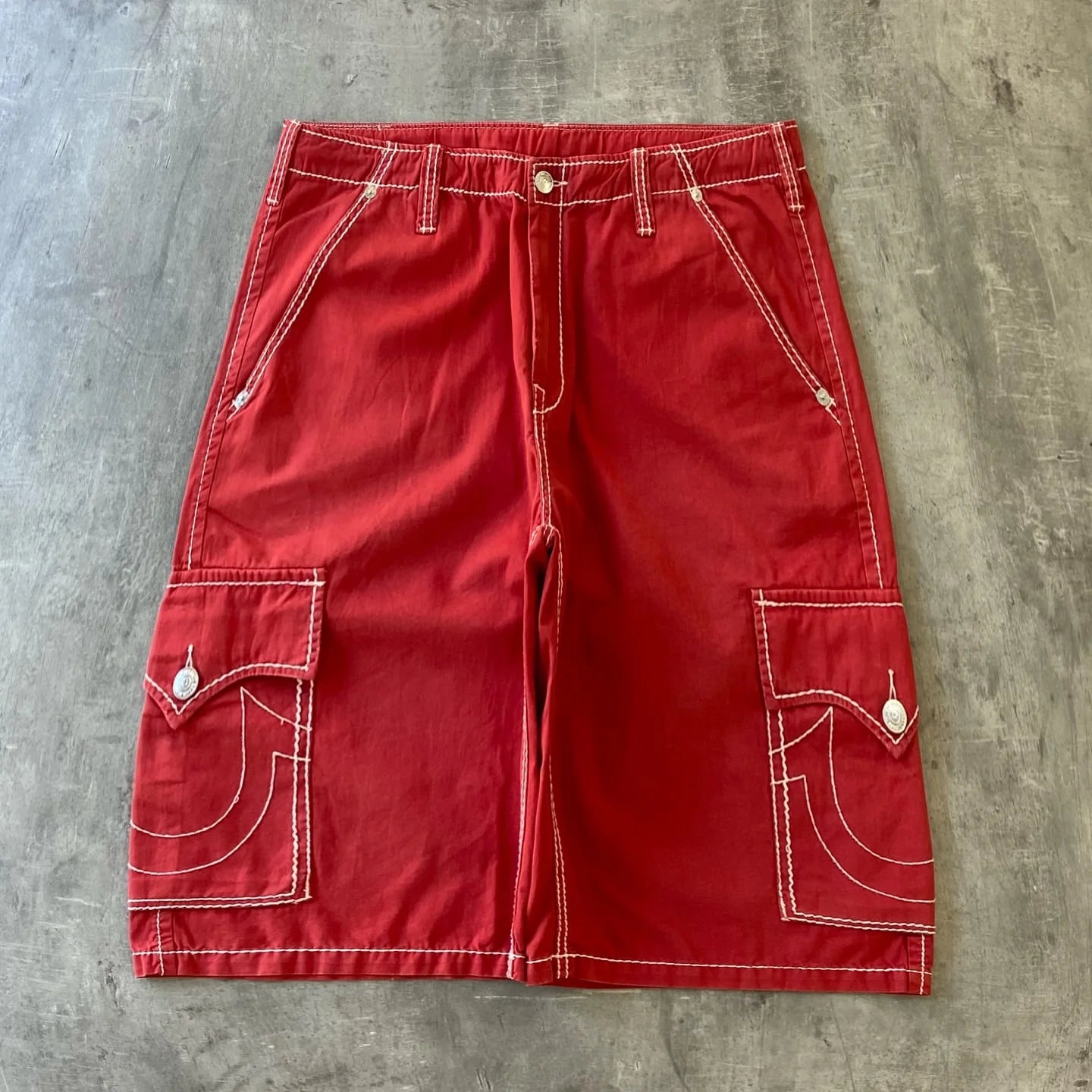 Threebooy Y2K New Line Embroidered Red Denim Mid Pants American Retro Gothic Jeans Men Street Hip Hop Harajuku Punk Loose Wide Legs Shorts