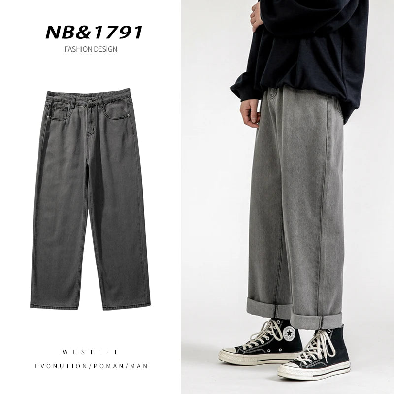 Threebooy  Korean Fashion Men's Baggy Jeans Classic All-match Solid Color Straight-leg Denim Wide-leg Pants Male Light Blue Grey Black