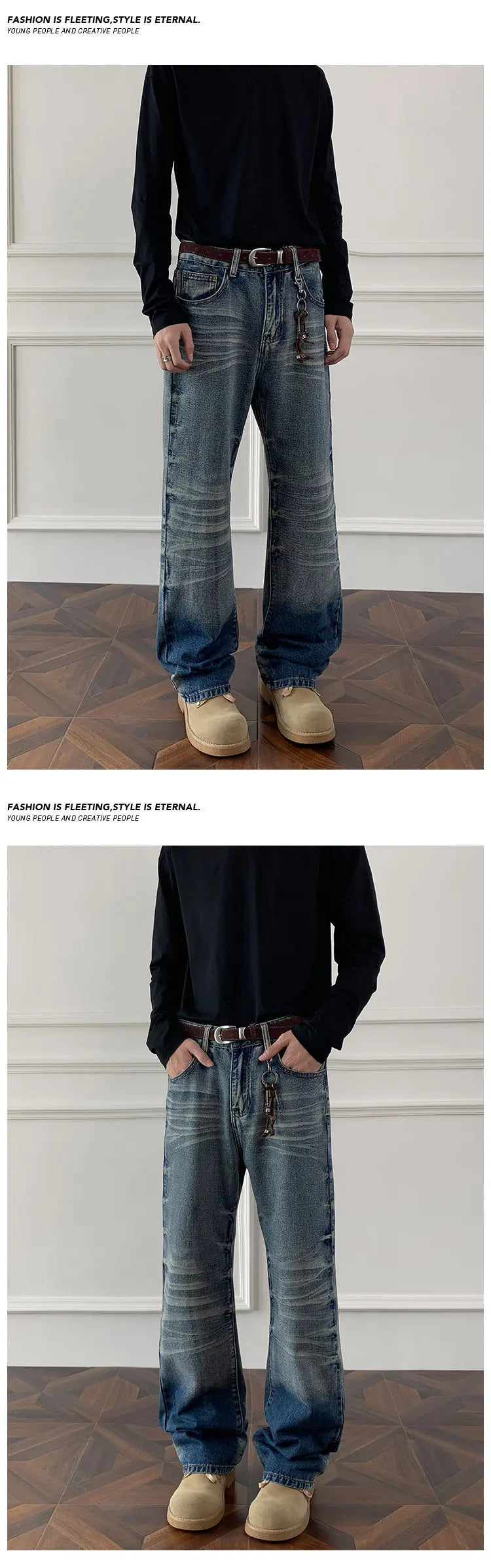 Threebooy Mens Straight Leg Jeans Business Casual Vintage Blue Denim Pants for Middle Aged Man Classic Fit man trousers
