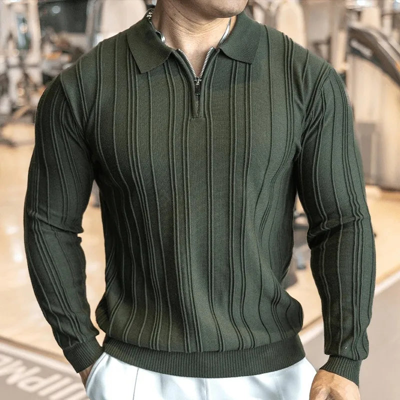 Threebooy  New American Chic Men Polo Sweater Light Luxury Trendy Fitness Knit Solid Color Pullover Leisure Slim-fit Long Sleeve Knitwear
