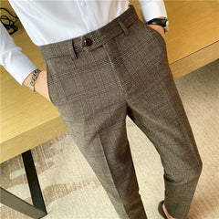 Threebooy  Chic Coffee Blue Grey Pants Men Elegant Slim Fit Plaid Suit Trousers Pants For Men Office Party Trousers Mens Dress Pants