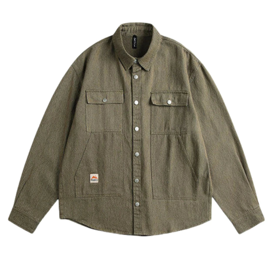 Threebooy Multiple Pockets Cargo Denim Shirts Mens Vintage Washed Long Sleeve Shirt for Men Harajuku Loose Casual Cotton Blouse Jeans Coat