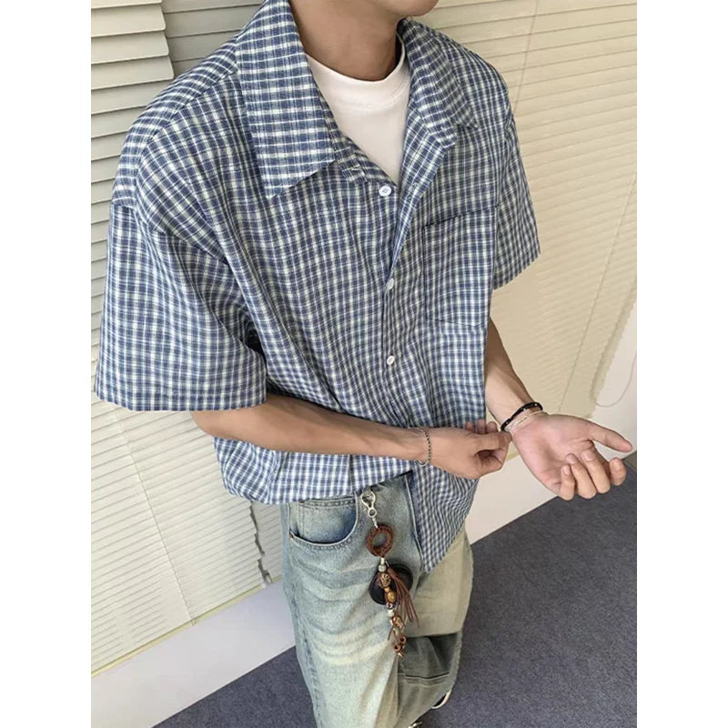 Threebooy Blue short-sleeved plaid shirt for men, summer cleanfit collar shirt, American loose couple style.