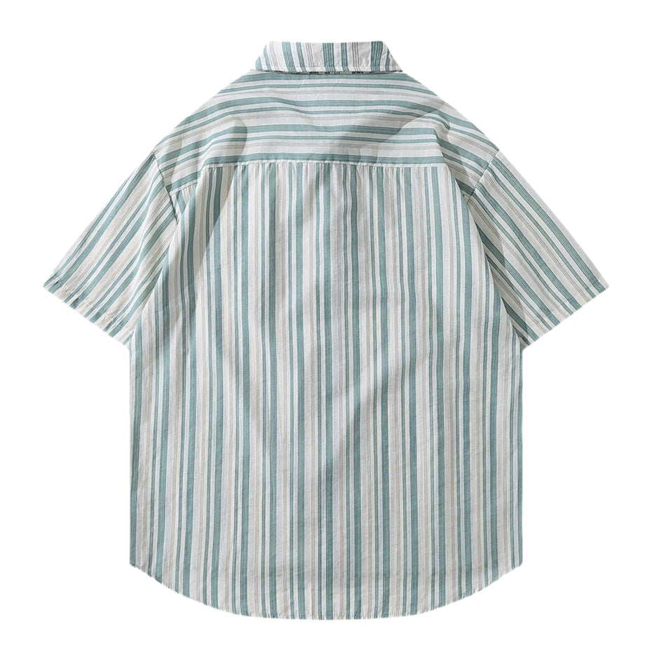 Threebooy  Summer Short Sleeve Shirts Men Streetwear Hip Hop Puppy Embroidery Striped Shirt for Men Oversized Harajuku Pink Casual Blouse