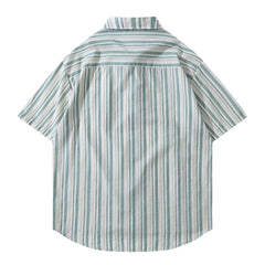 Threebooy  Summer Short Sleeve Shirts Men Streetwear Hip Hop Puppy Embroidery Striped Shirt for Men Oversized Harajuku Pink Casual Blouse