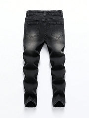 Threebooy  1 Piece of Men's Four-Season Snowflake Washed Fashion Jeans, Stretch Slim Fit Light Gray Dark Black Casual Denim Pants, Normcore and Fashionable, Suitable for Everyday Wear