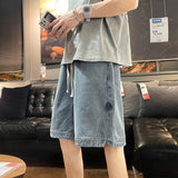 Threebooy Summer New Men's Loose Short Jeans Neutral Denim s Chic Side Vent Straight Pants Male Streetwear Casual s 5XL-S