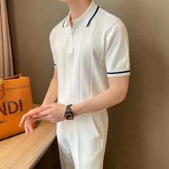 Threebooy  Summer Korean Style Men's Half Zip-up Casual Knitted Top Short Sleeves Lapel Trendy Fashionable Knitted Polo Shirt