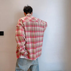 Threebooy 2024 Loose Casual Pink Plaid Shirt Tops men's Clothing Autumn Retro Versatile Cotton Lapel Oversize Long Sleeve Shirt Blouse