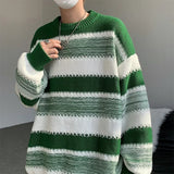 Threebooy High Street Men Striped Pullover Knitwear Korean Fashion Baggy Color Clashing Sweater Couple Clothing Crew Neck Knitted Jumper