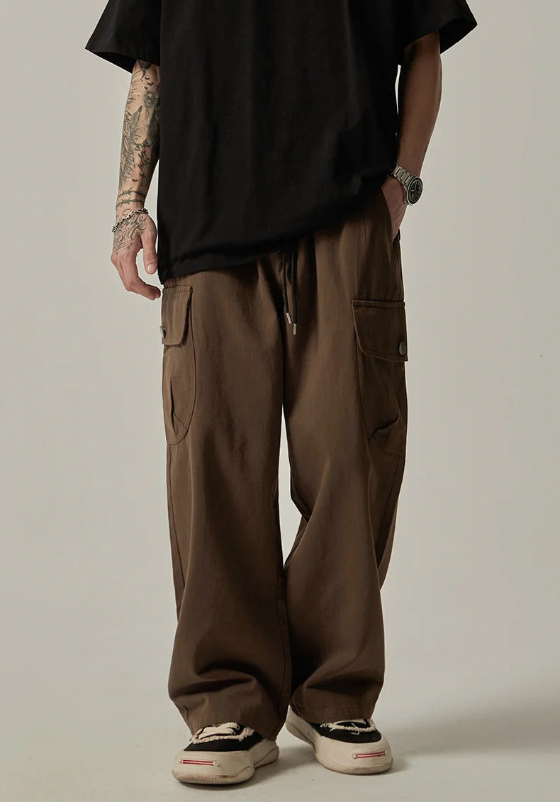 Threebooy Men's Sweatpants 2025 Spring Autumn Vintage Japanese Wide Leg Straight Loose Button Big Pockets Cargo Pants Drawstring Trousers