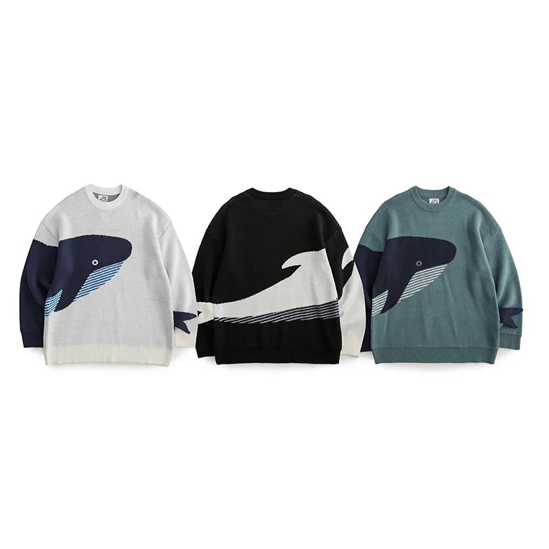 Threebooy Men Harajuku Knitted Sweater Whale Cartoon Print Pullover Japanese College O-Neck Sweaters Oversized Couple Top Autumn Winter