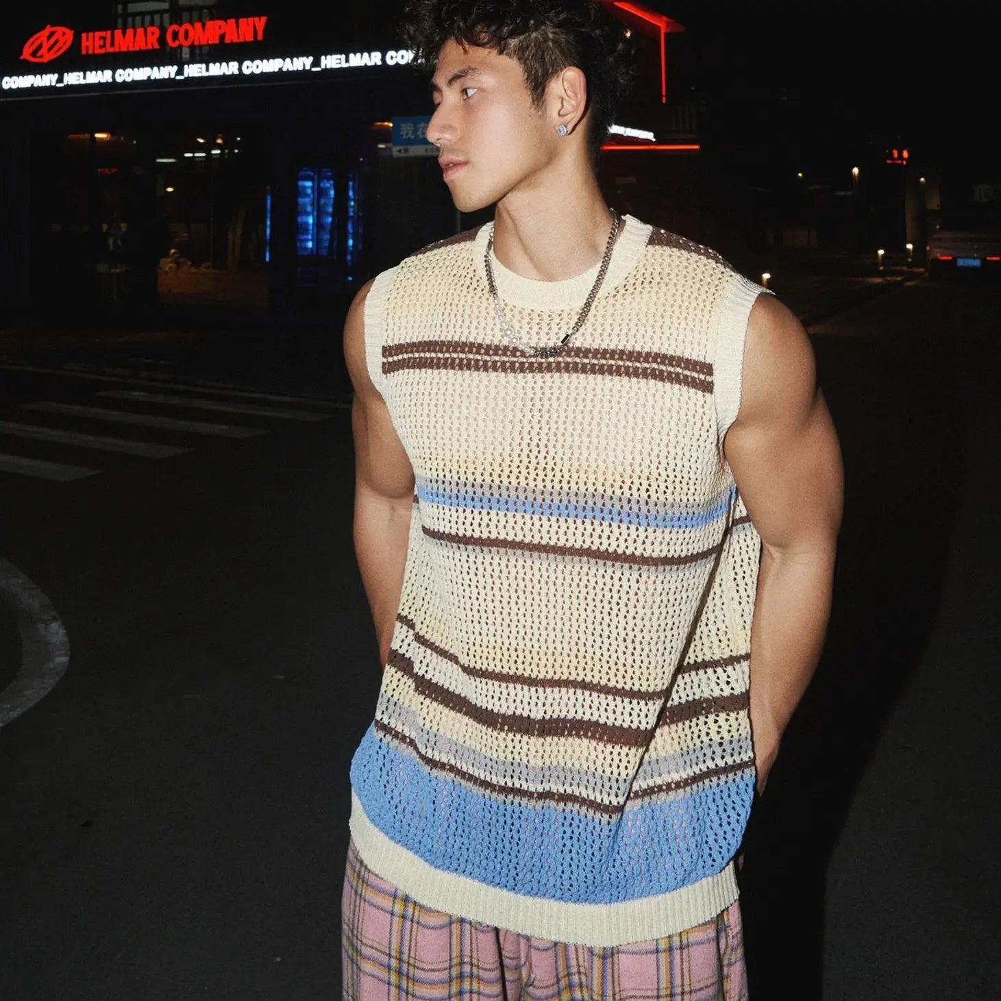 Threebooy  Stripe Contrasting Colors Hollowing Out Knitting Vest Men Casual Tops Loose Summer Niche Handsome Sleeveless All-match Vest